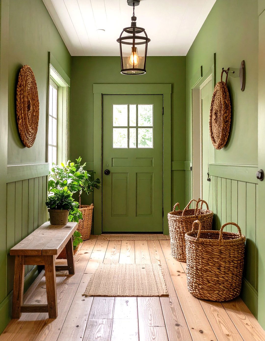 Olive Green Rustic Farmhouse Hallway - 24 Green Hallway Ideas