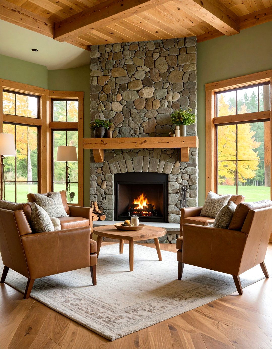 Olive Green Rustic Stone Fireplace - 24 Green Fireplace Ideas