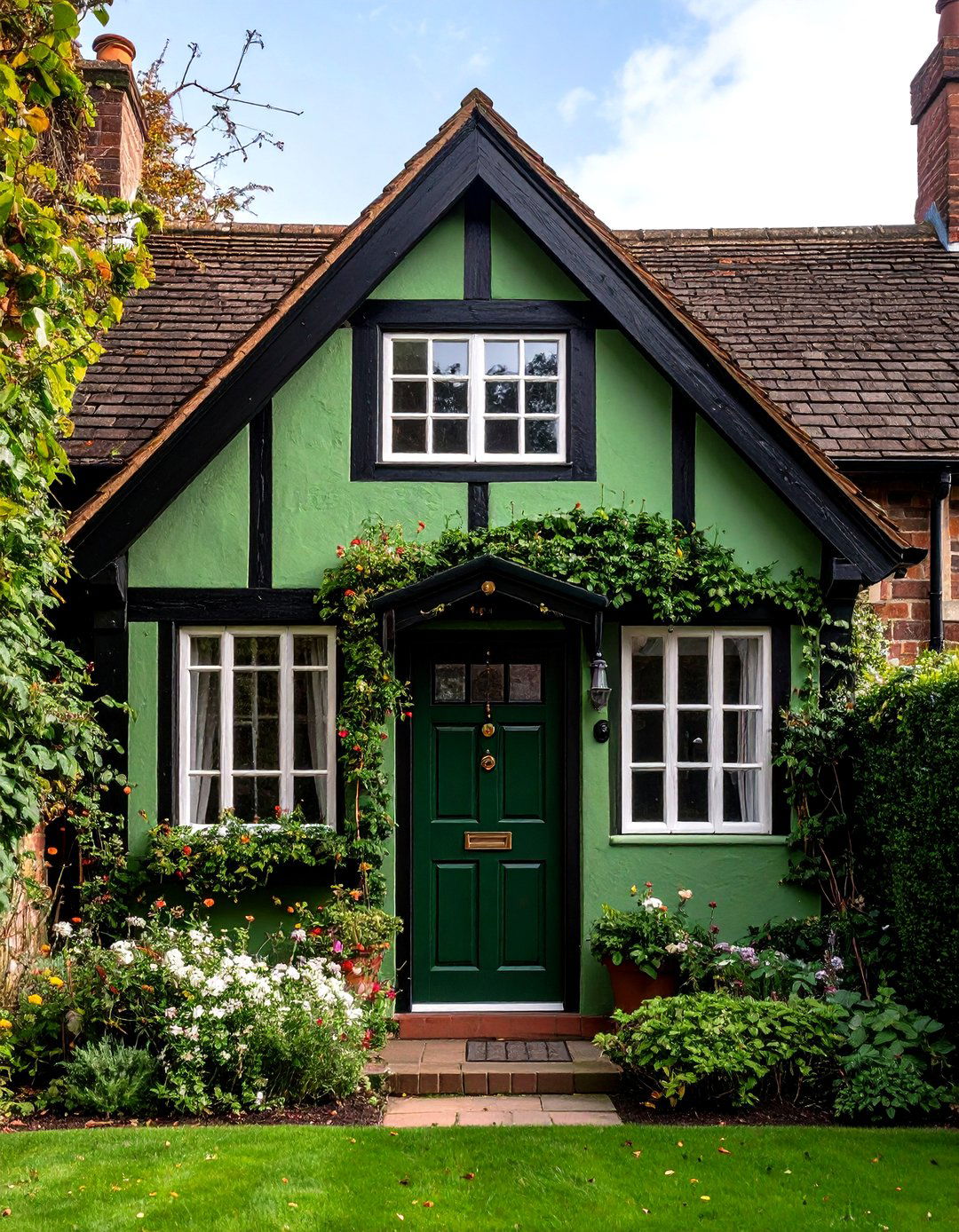 Olive Green Tudor with Black Half Timbering - 24 Green House Exterior With Black Trim