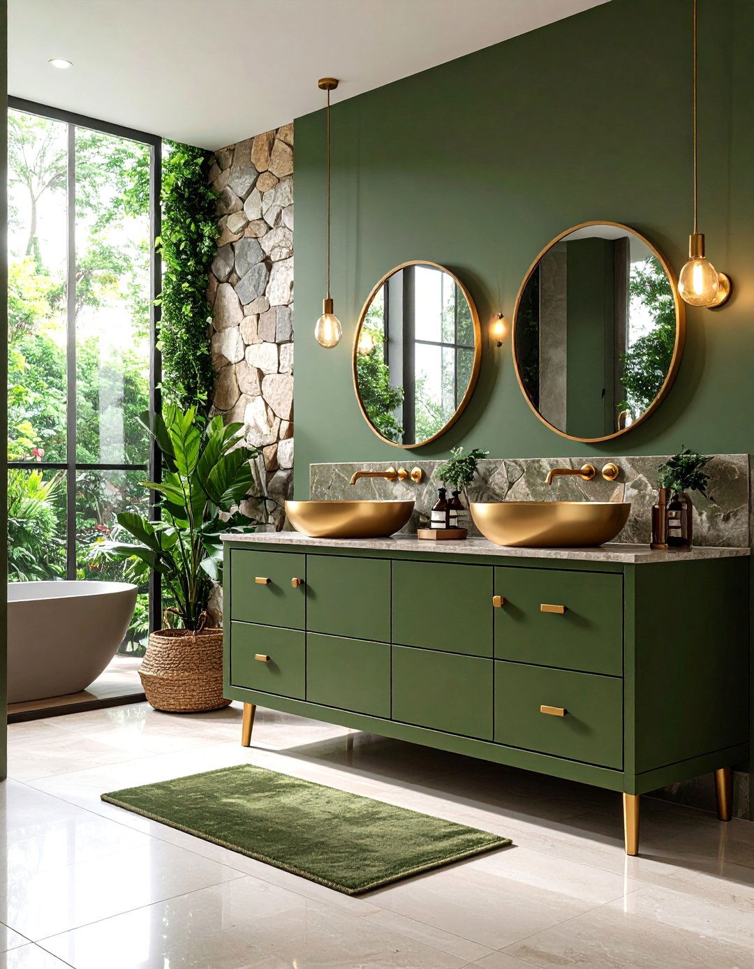Olive Green Vanity with Brass Knobs and Natural Stone - 24 Bathroom With Green Vanity
