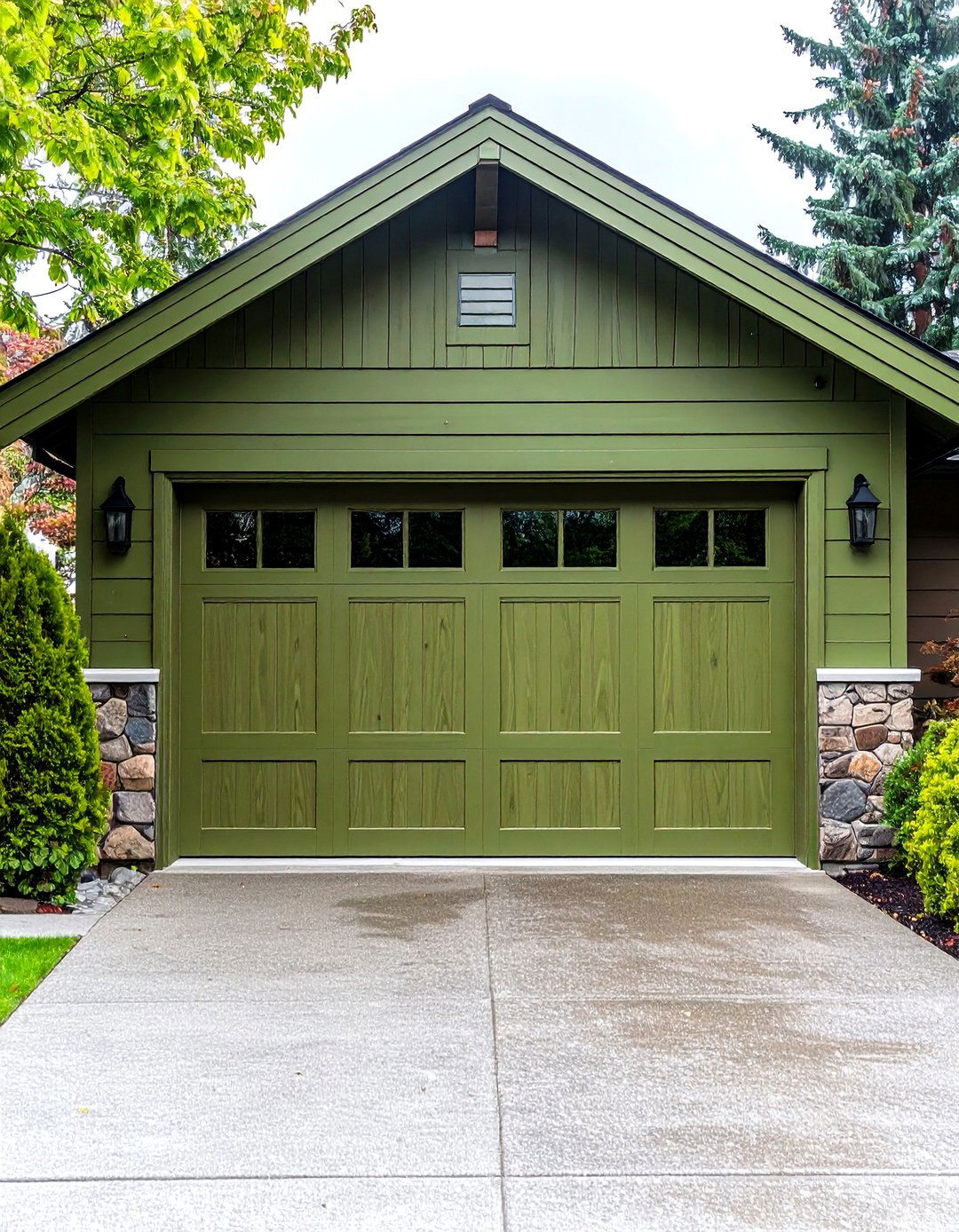 Olive Green Vinyl Door with Simulated Wood Grain - 24 Green Garage Door Ideas