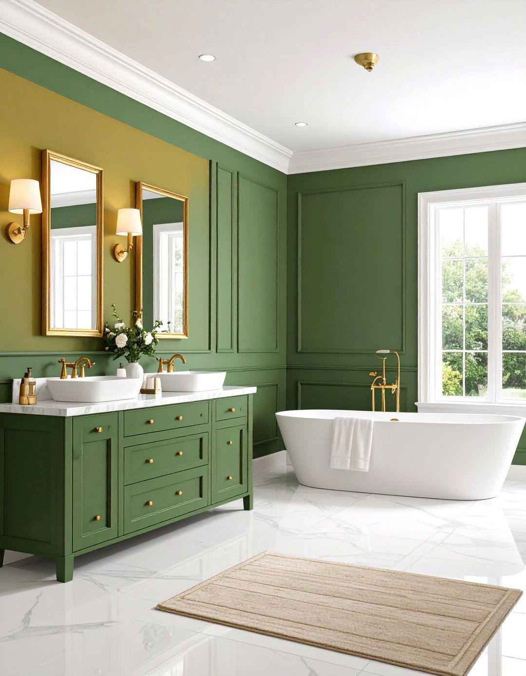 Olive Green Wainscoting with Butter Yellow Upper Walls - 24 Yellow and Green Bathroom Ideas