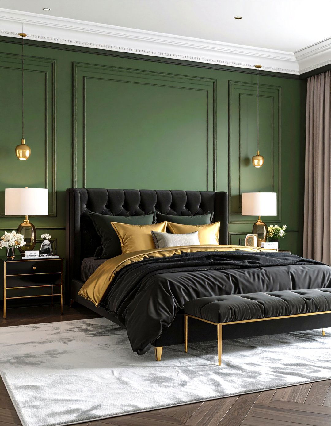 Olive Green Walls with Black Trim - 24 Black and Green Bedroom Design Ideas