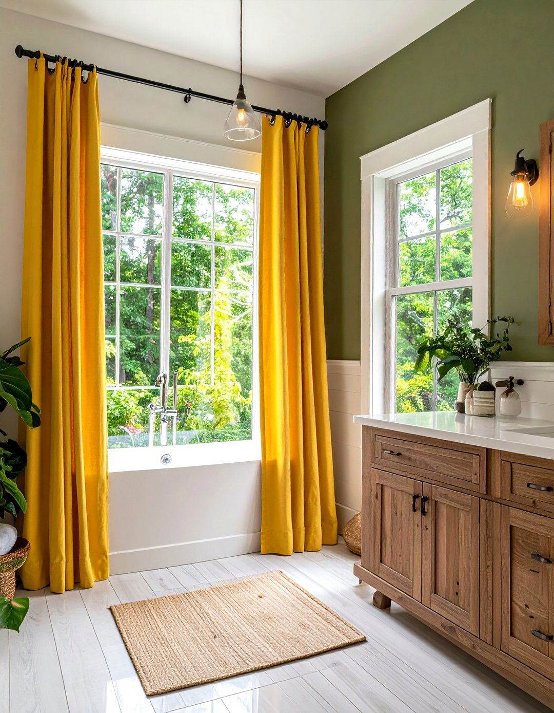 Olive Green Window Trim with Bright Yellow Shower Curtain - 24 Yellow and Green Bathroom Ideas