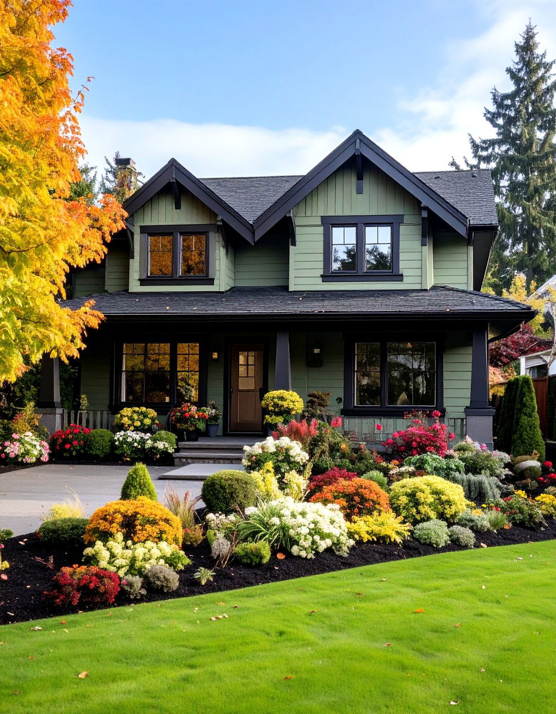 Olive Green with Black Trim and Seasonal Landscape Integration - 24 Dark Olive Green House With Black Trim