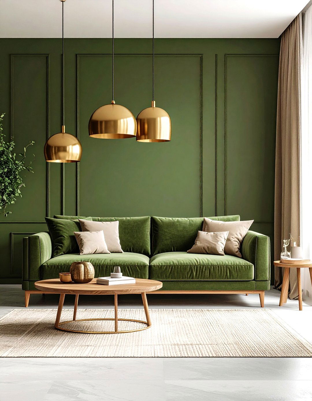 Olive Green with Brass Pendant Lighting - 24 Green and Gold Living Room Ideas