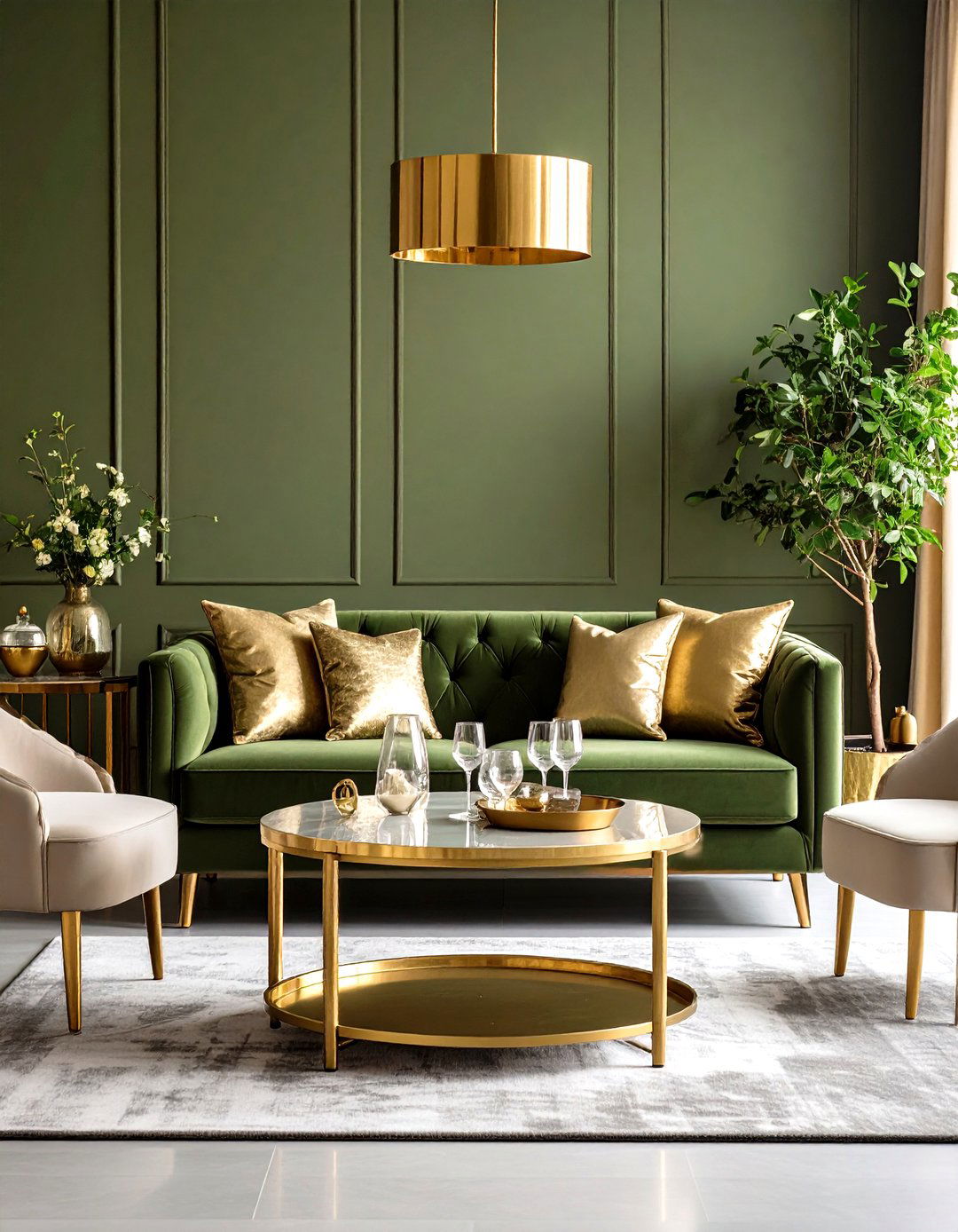 Olive Green with Gold Bar Cart Glamour - 24 Green and Gold Living Room Ideas
