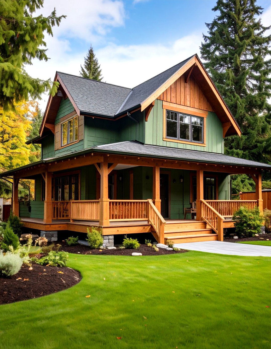 Olive Green with Natural Wood Accents - 24 Olive Green House Exterior Ideas