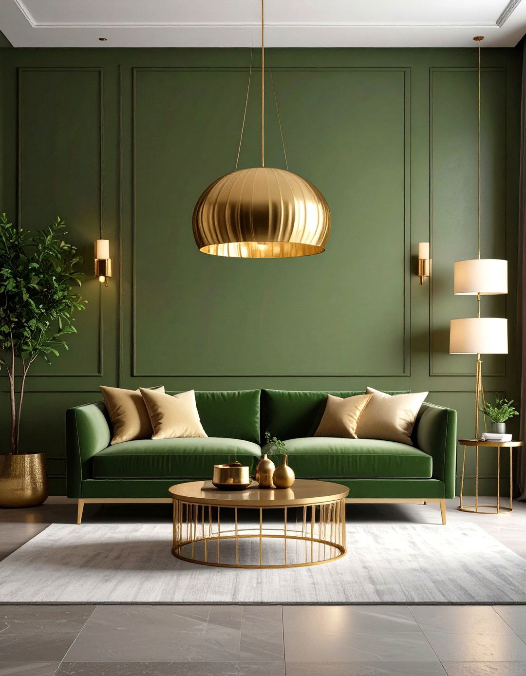 Olive Green with Statement Gold Lighting - 24 Green and Gold Living Room Ideas