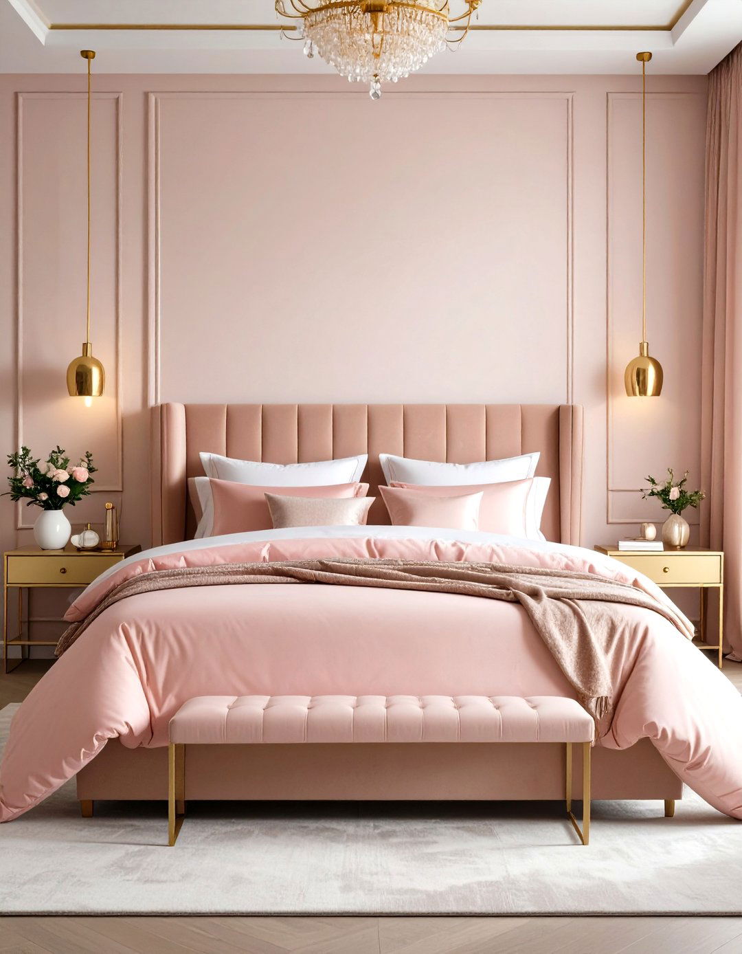 Ombre Pink Bedding with Gold Hardware - 24 Pink and Gold Bedroom Ideas