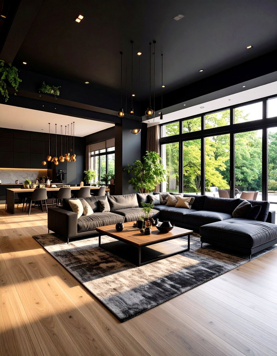 Open Concept Black Ceiling Zoning - 24 Black Ceiling Design Ideas