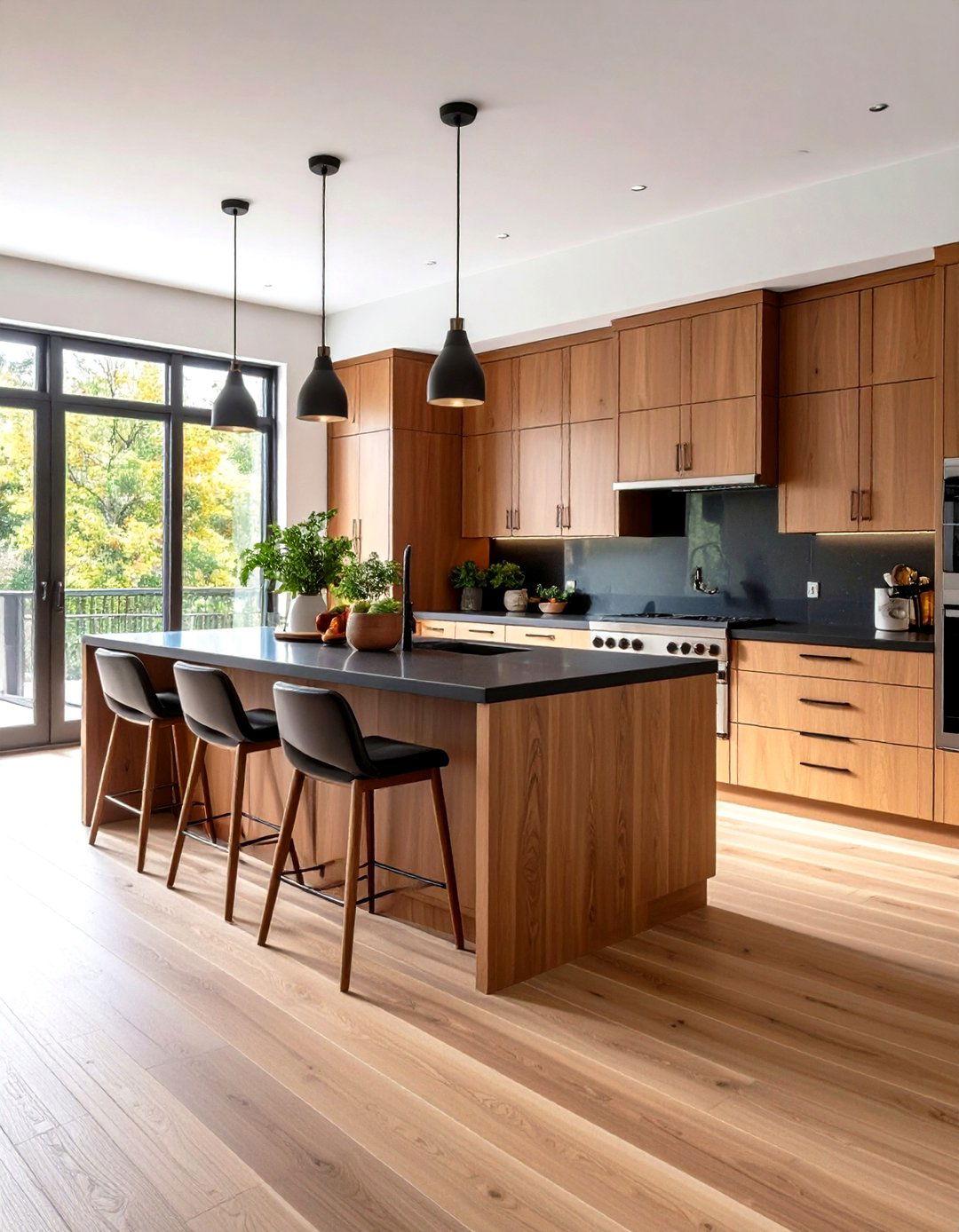 Open Concept Brown Cabinet Layout Design - 24 kitchen with brown cabinets and black countertops ideas