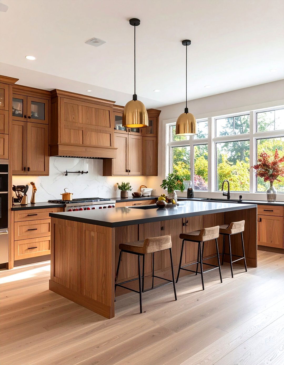 Open Concept Brown Kitchen Cabinets with Black Island Countertops - 24 Brown Kitchen Cabinets With Black Countertops