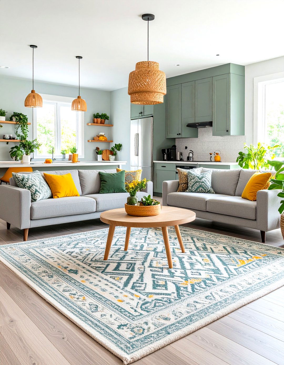 Open Concept Flow - 24 Grey and Sage Green Living Room Ideas