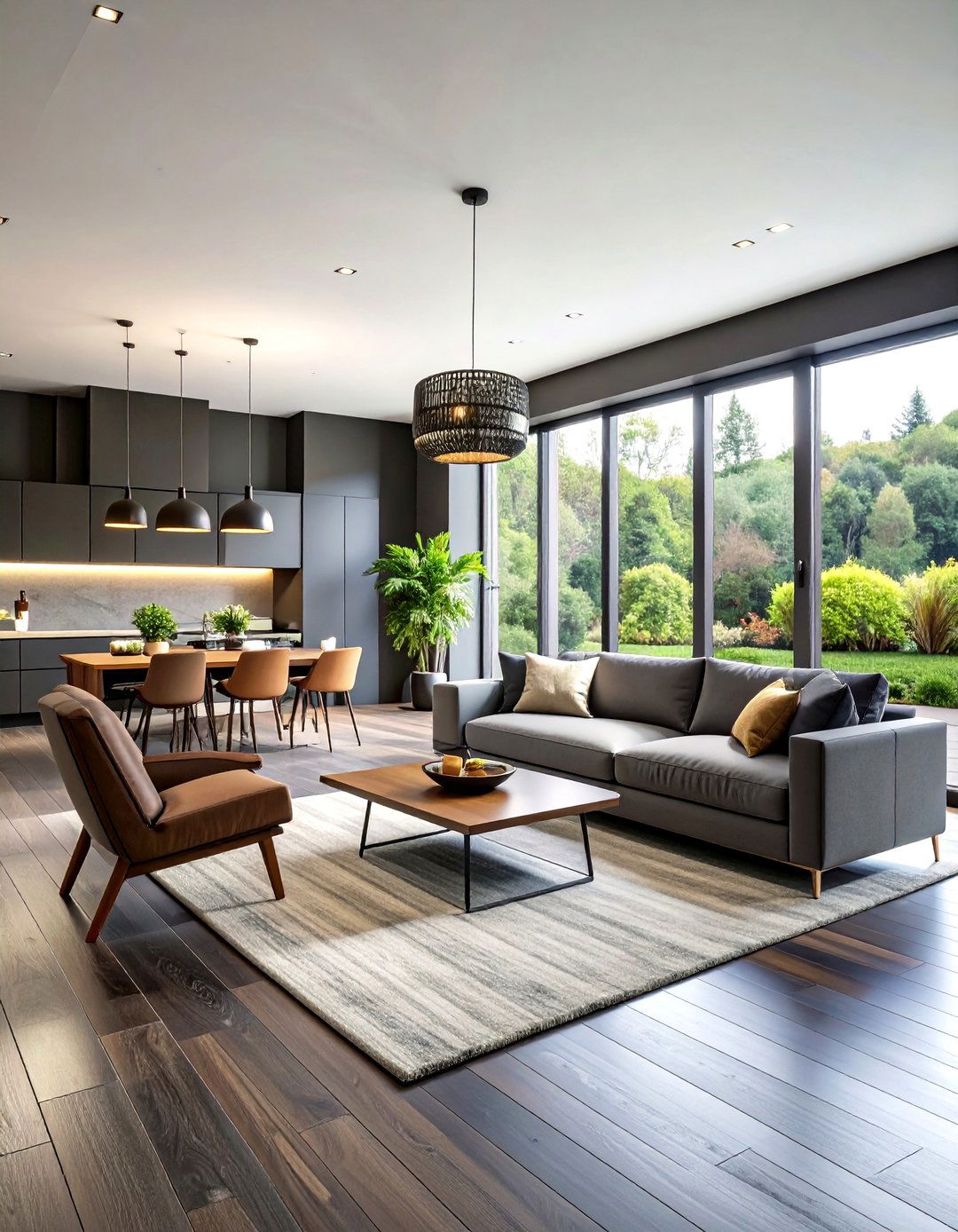 Open Concept Grey Living Room Planning - 24 Grey Living Room With Dark Wood Floors