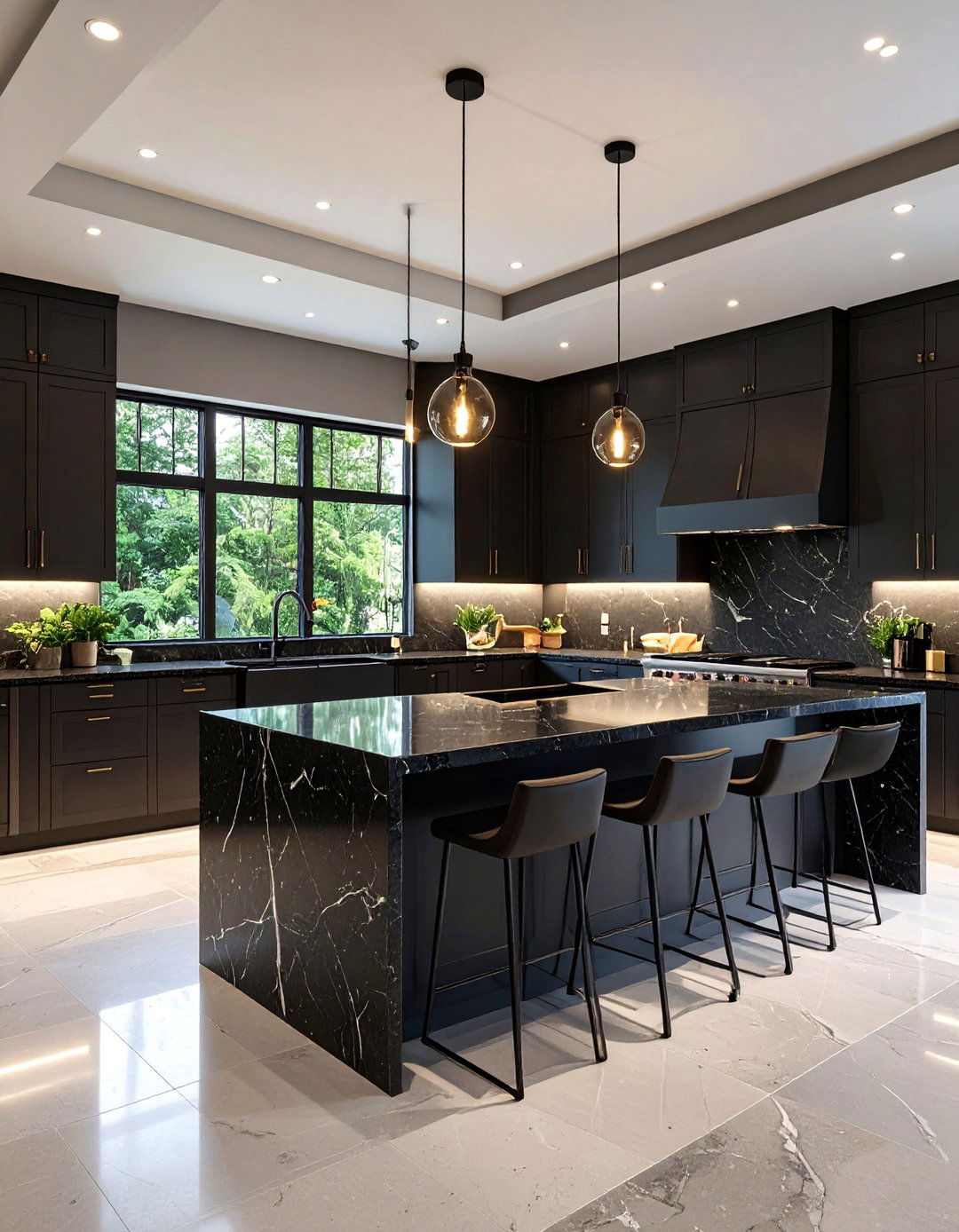 Open Concept Kitchen with Black Granite Peninsula Design - 24 Black Granite Countertops Kitchen Ideas