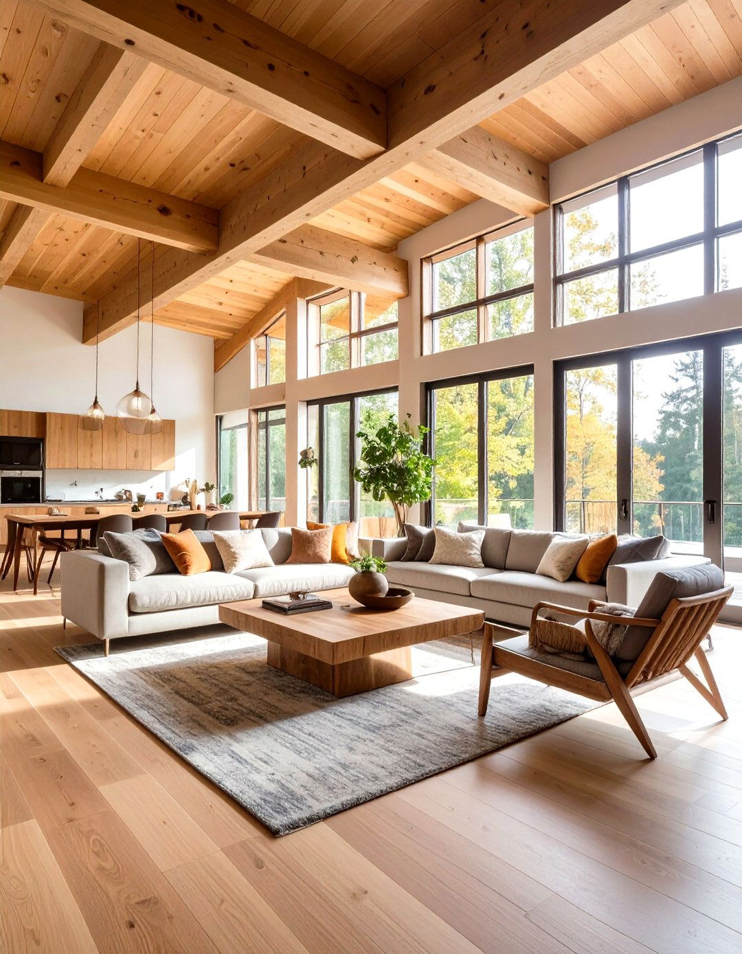 Open Concept Living Room with Zone Defining Beam Layout - 24 Exposed Beam Living Room Ideas