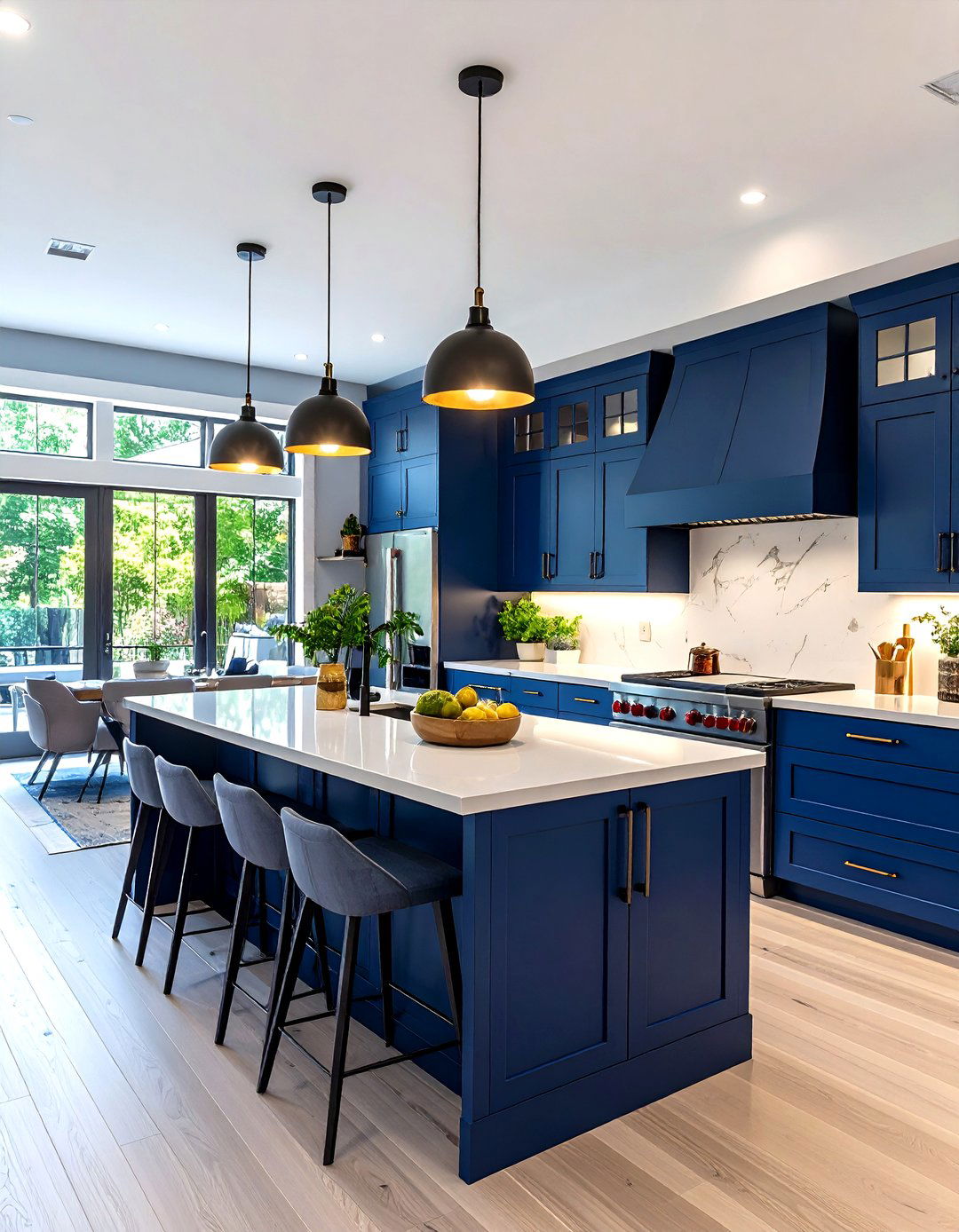 Open Concept Navy Blue Kitchen with White Quartz - 24 Navy Blue Kitchen Cabinets Ideas