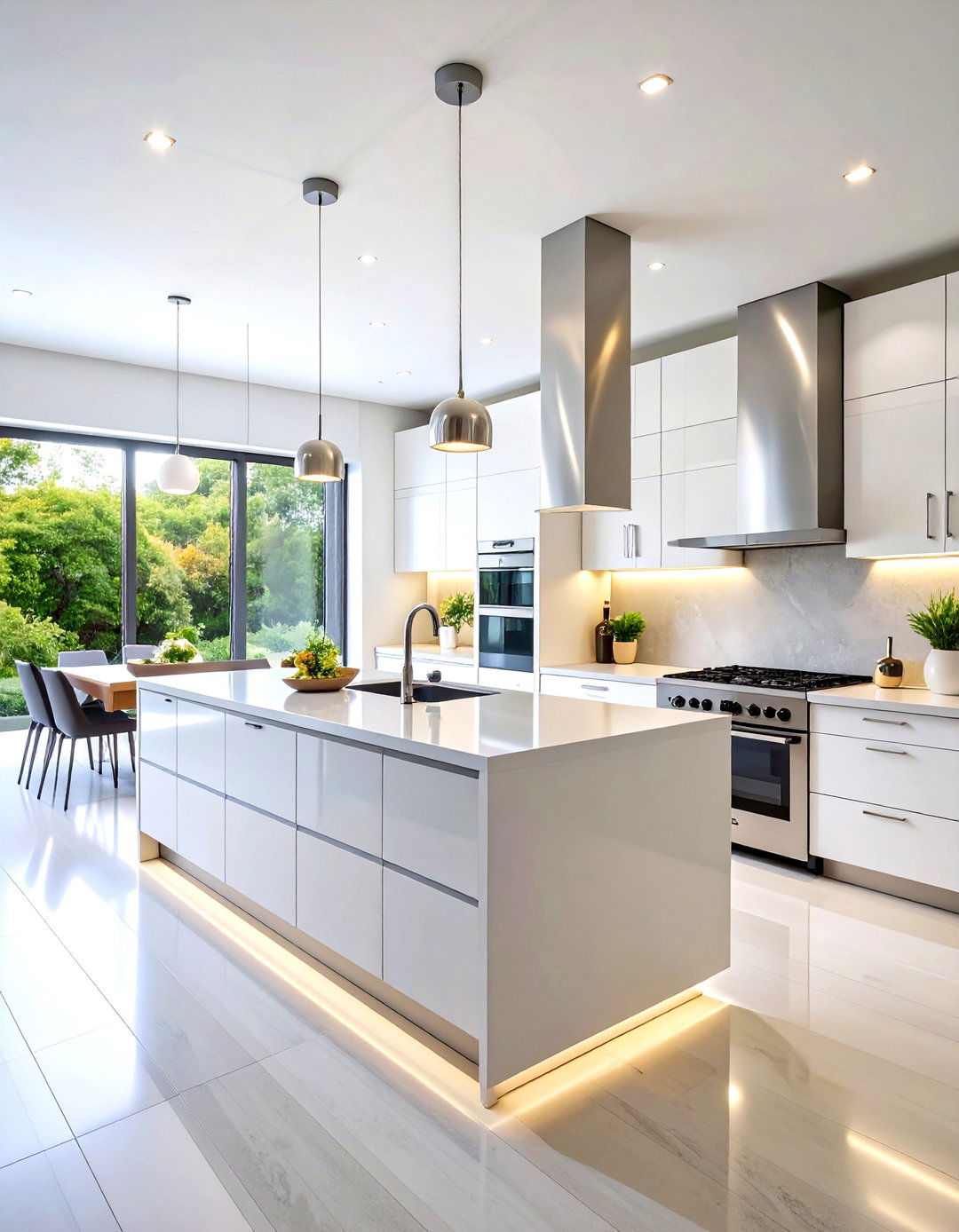 Open Concept White Kitchen with Stainless Steel Focal Wall - 24 White Kitchen with Stainless Steel Appliances Ideas