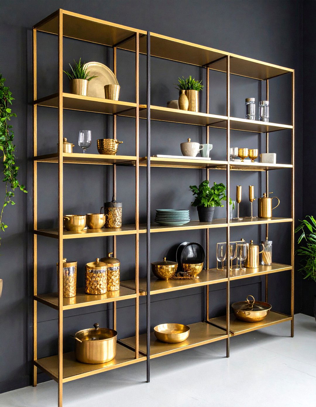 Open Gold Shelving Against Black Accent Walls - 24 Black and Gold Kitchen Ideas