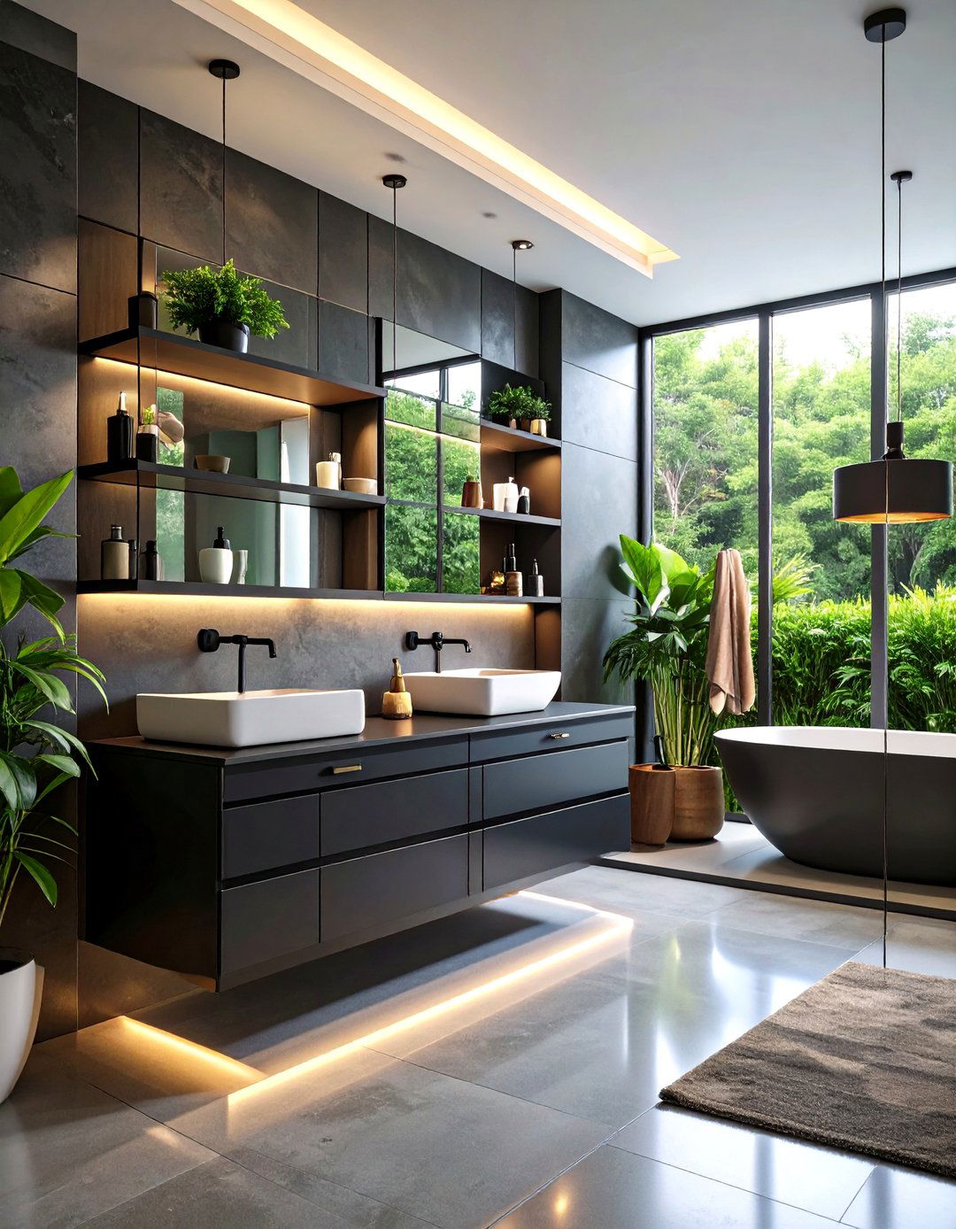Open Shelving Black Storage with Glass Accents - 24 bathroom with black cabinets ideas