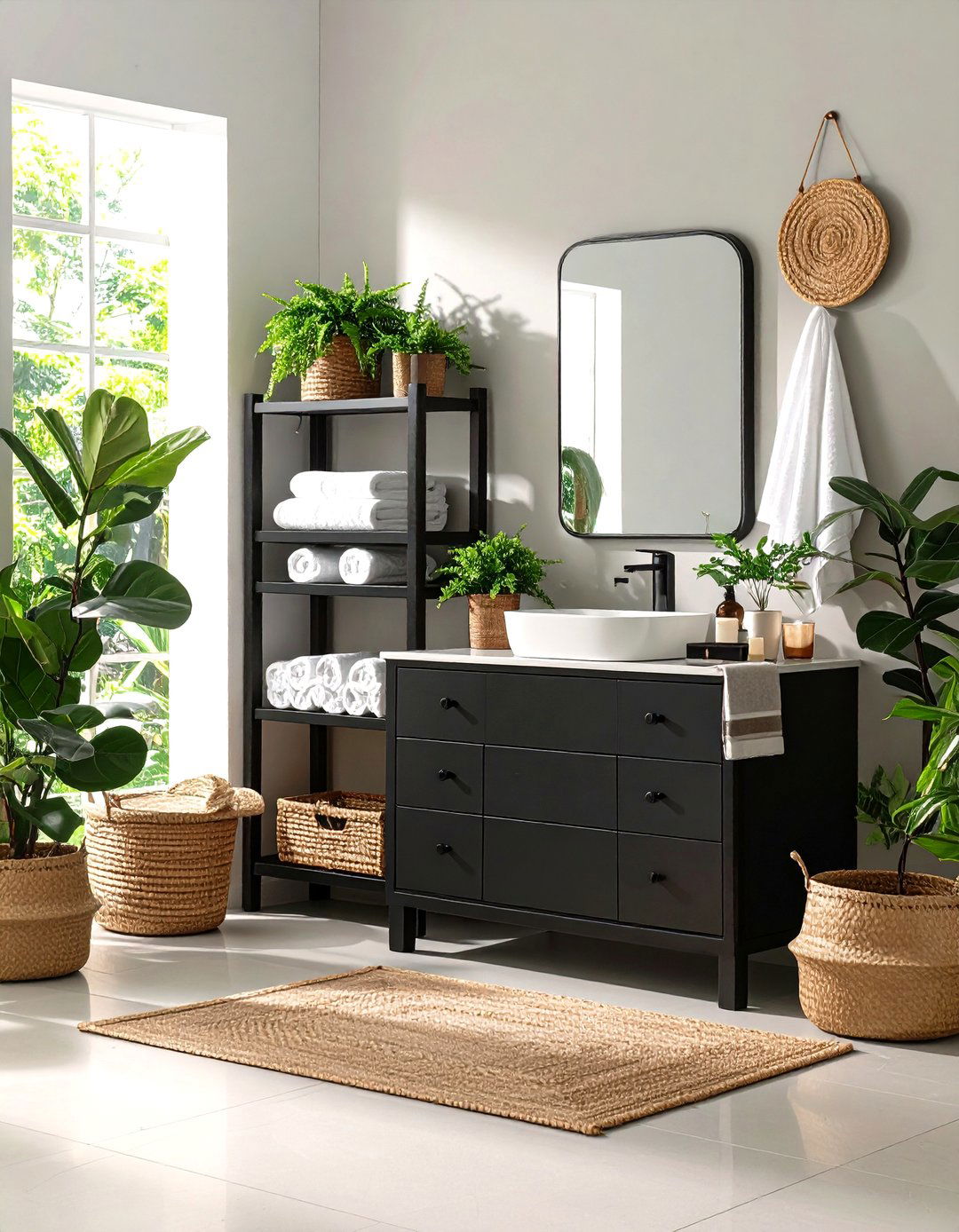 Open Shelving Black Vanity Display - 24 Black Vanity Bathroom Ideas