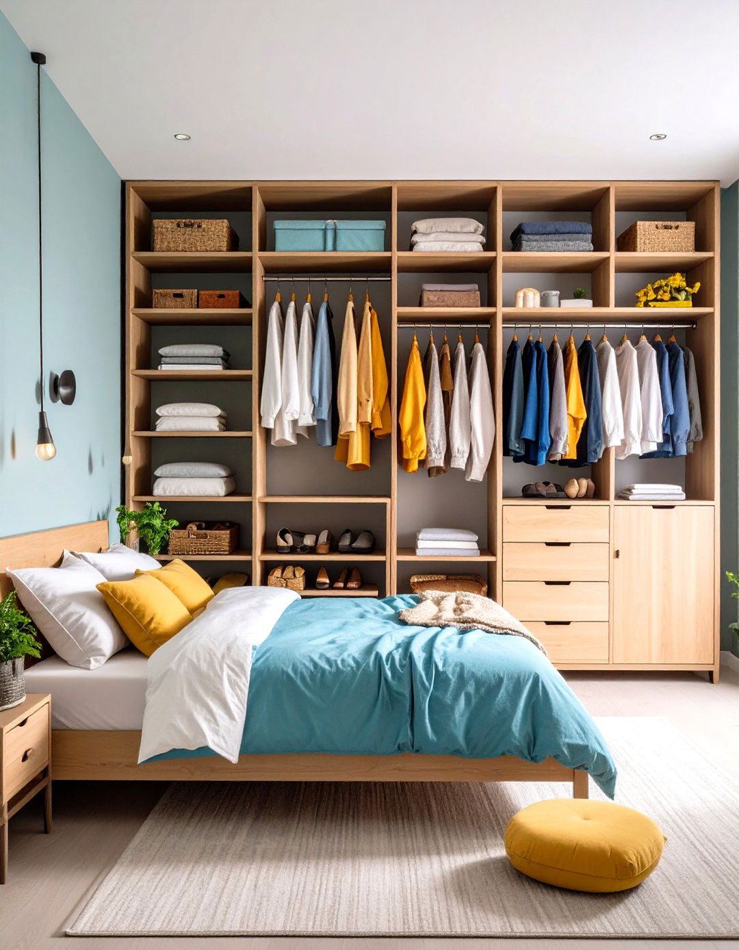 Open Shelving Combinations - 24 Built-in Wardrobe Ideas Around a Bed