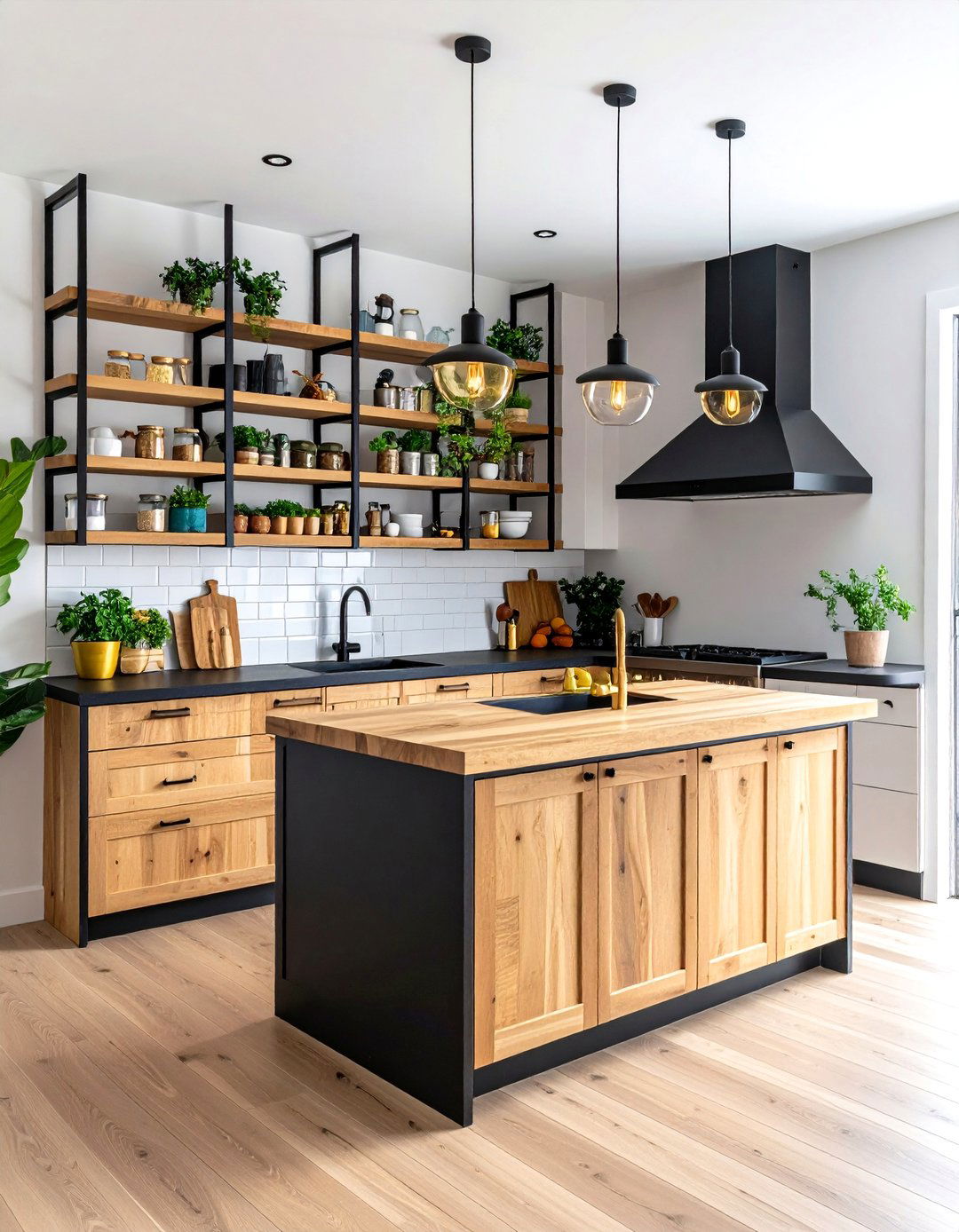 Open Shelving Concept with Mixed Materials - 24 black white and gold kitchen ideas