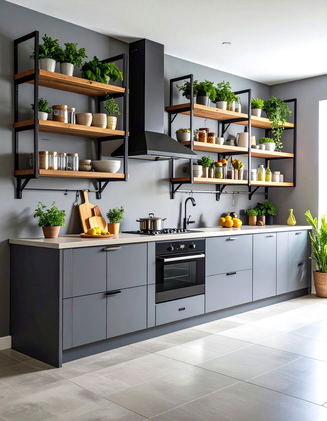 Open Shelving Gray and Black Display - 24 Gray and Black Kitchen Ideas