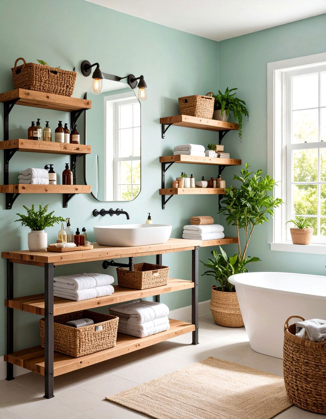 Open Shelving Storage Modern Farmhouse Bathroom Organization - 24 Modern Farmhouse Bathroom Ideas