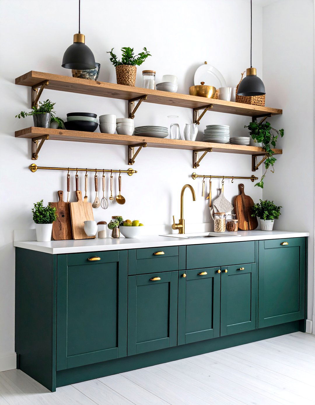 Open Shelving with Dark Green Cabinets - 24 Dark Green Kitchen Ideas