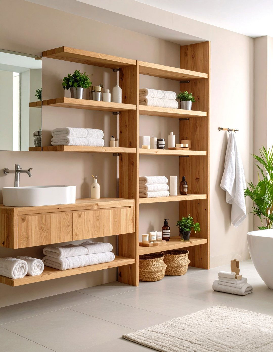 Open Shelving with Invisible Brackets - 24 Minimalist Bathroom Ideas