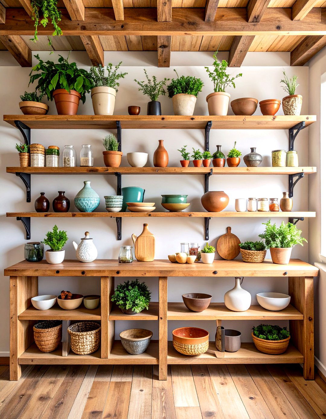 Open Shelving with Rustic Wood Planks - 24 Spanish Style Kitchen Ideas