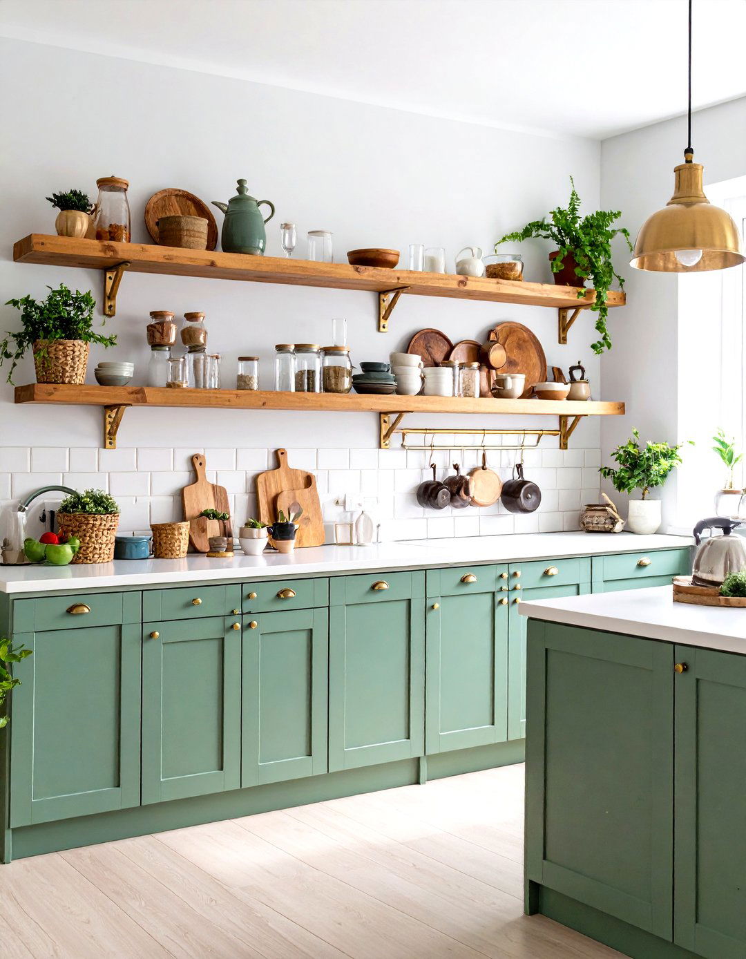 Open Shelving with Sage Green Lower Cabinets - 24 Rustic Sage Green Kitchen Cabinets