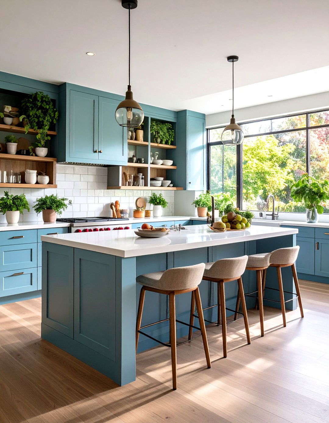 Open Shelving with Stool Storage - 24 Kitchen Island Ideas With Seating