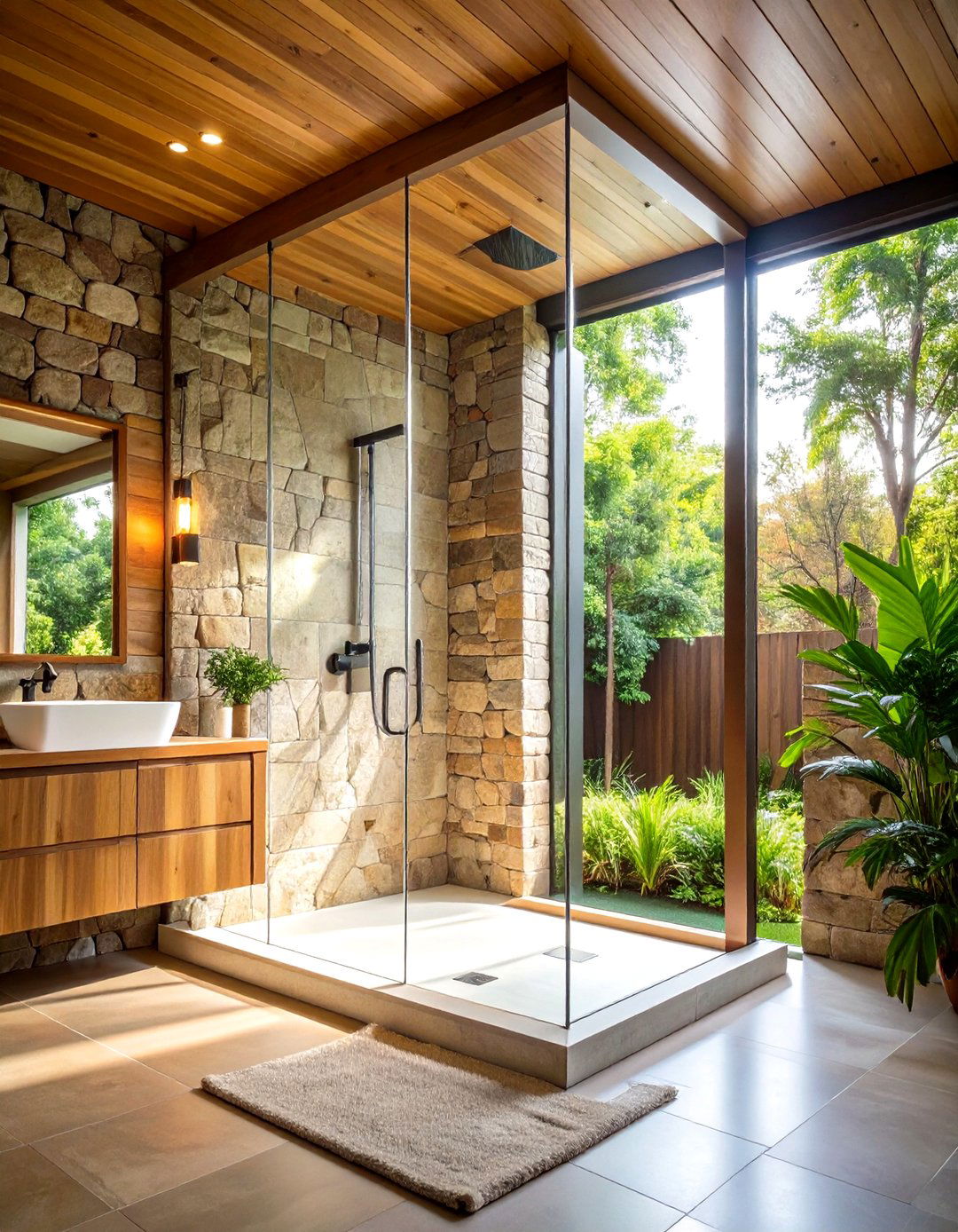 Open Shower Bathroom with Privacy Glass Panels - 24 Mid-century Modern Bathroom Ideas