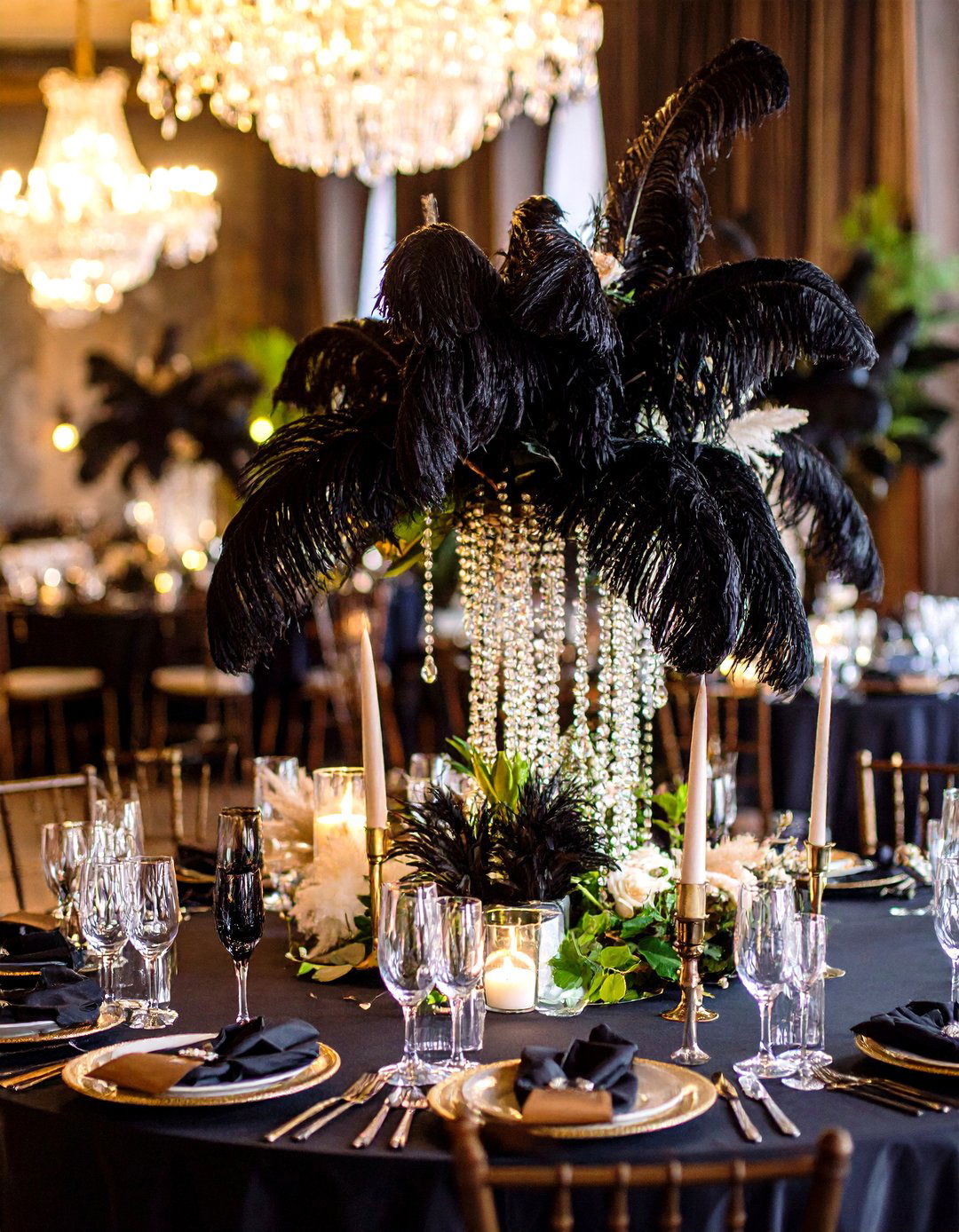 Opulent Feather and Crystal Displays - 24 Black and Gold Centerpiece Ideas