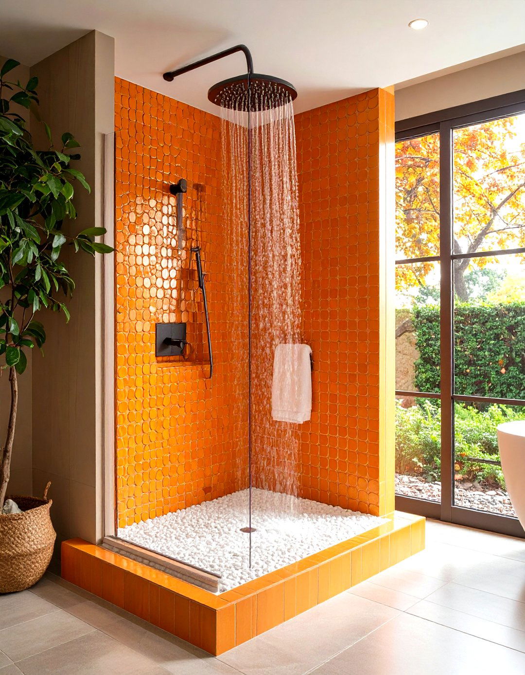 Orange Penny Tile Accent Features - 24 Orange Bathroom Ideas