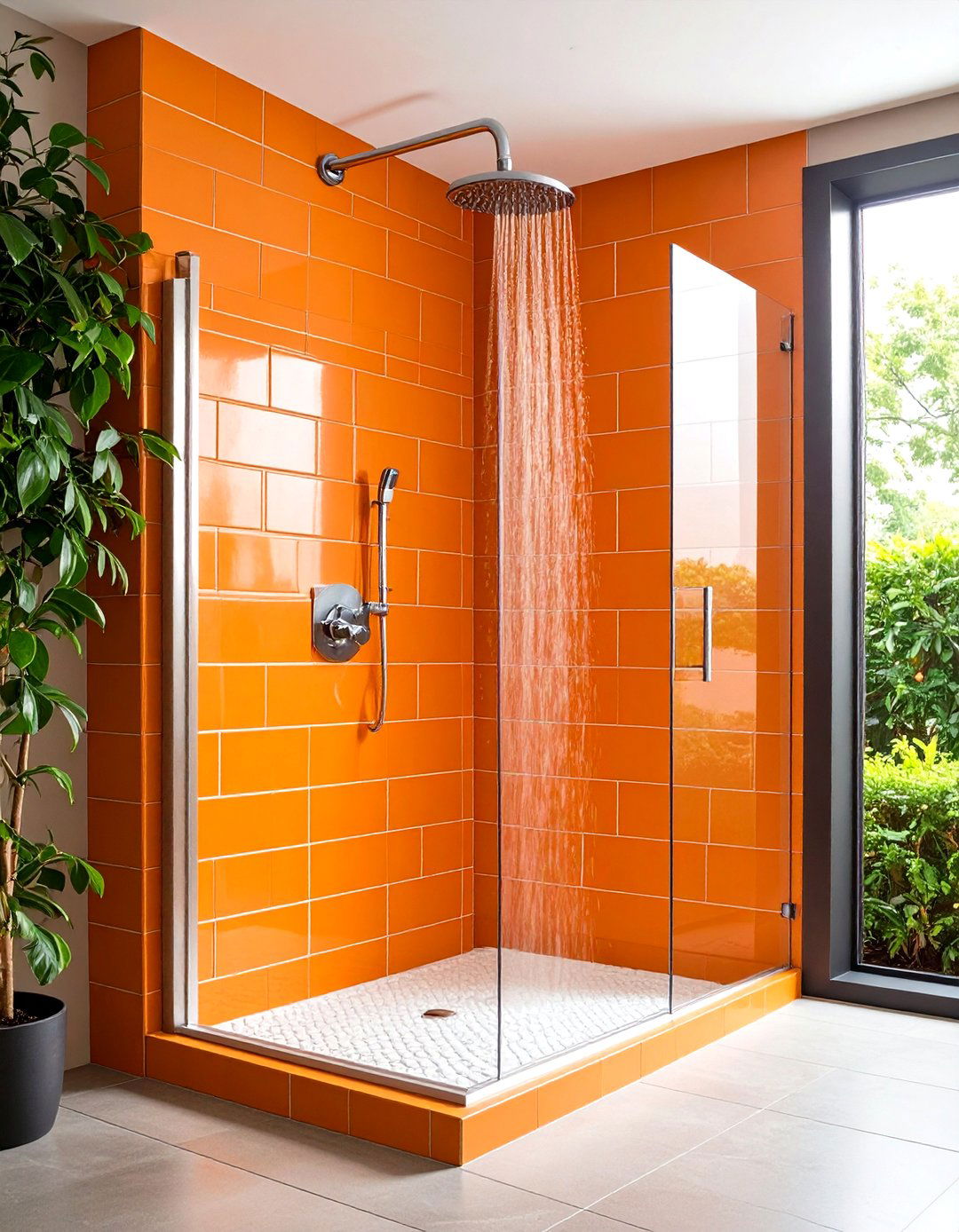Orange Subway Tile Shower Walls - 24 Orange Bathroom Ideas