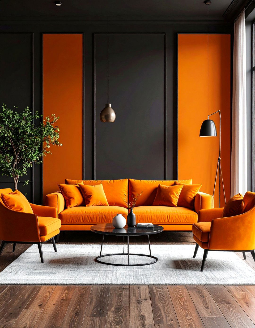 Orange and Charcoal Dramatic Living Room - 24 Orange and Grey Living Room Ideas