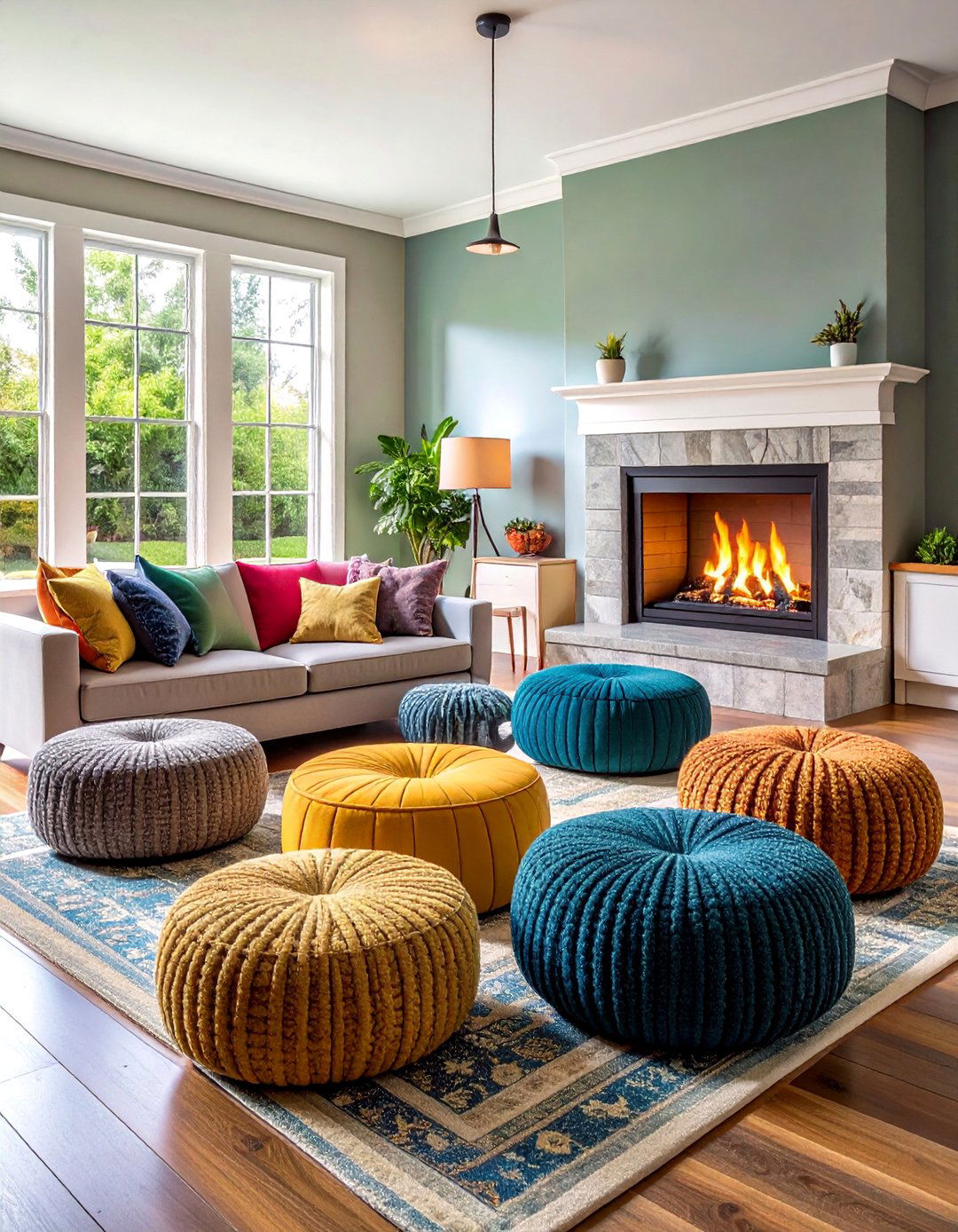 Ottoman Grouping Seating - 24 Chairs in Front of Fireplace Ideas