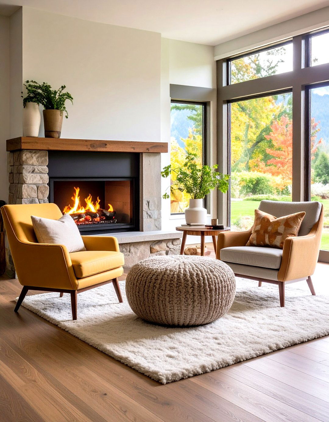 Ottoman and Chair Combination - 24 Fireplace Seating Ideas