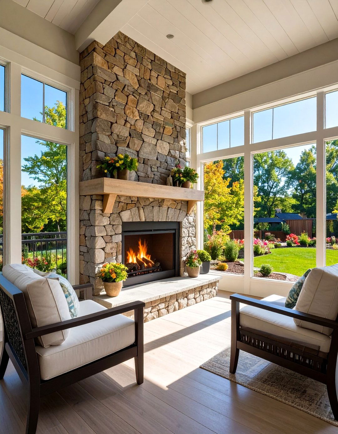 Outdoor Fireplace with Screened Porch Windows - 24 Fireplace Between Windows Ideas