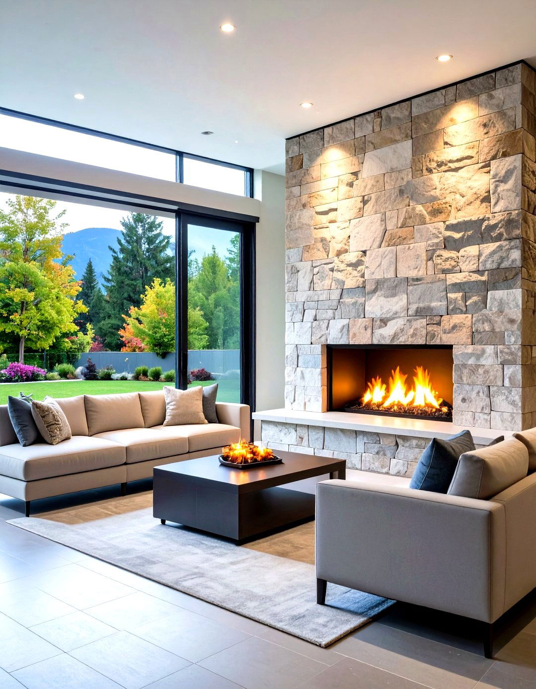Outdoor Indoor Stone Continuity Design - 24 Faux Stone Fireplace Ideas