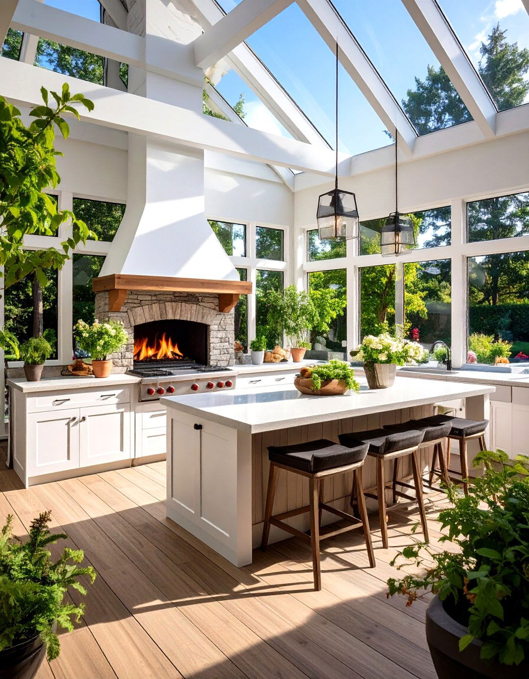 Outdoor Kitchen Integration - 24 Sunroom With Fireplace Ideas