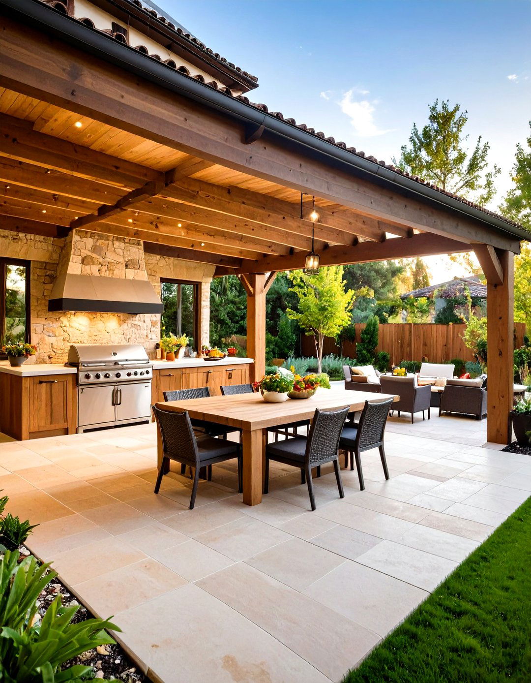 Outdoor Kitchen with Covered Dining Area - 24 Mediterranean House Exterior Ideas