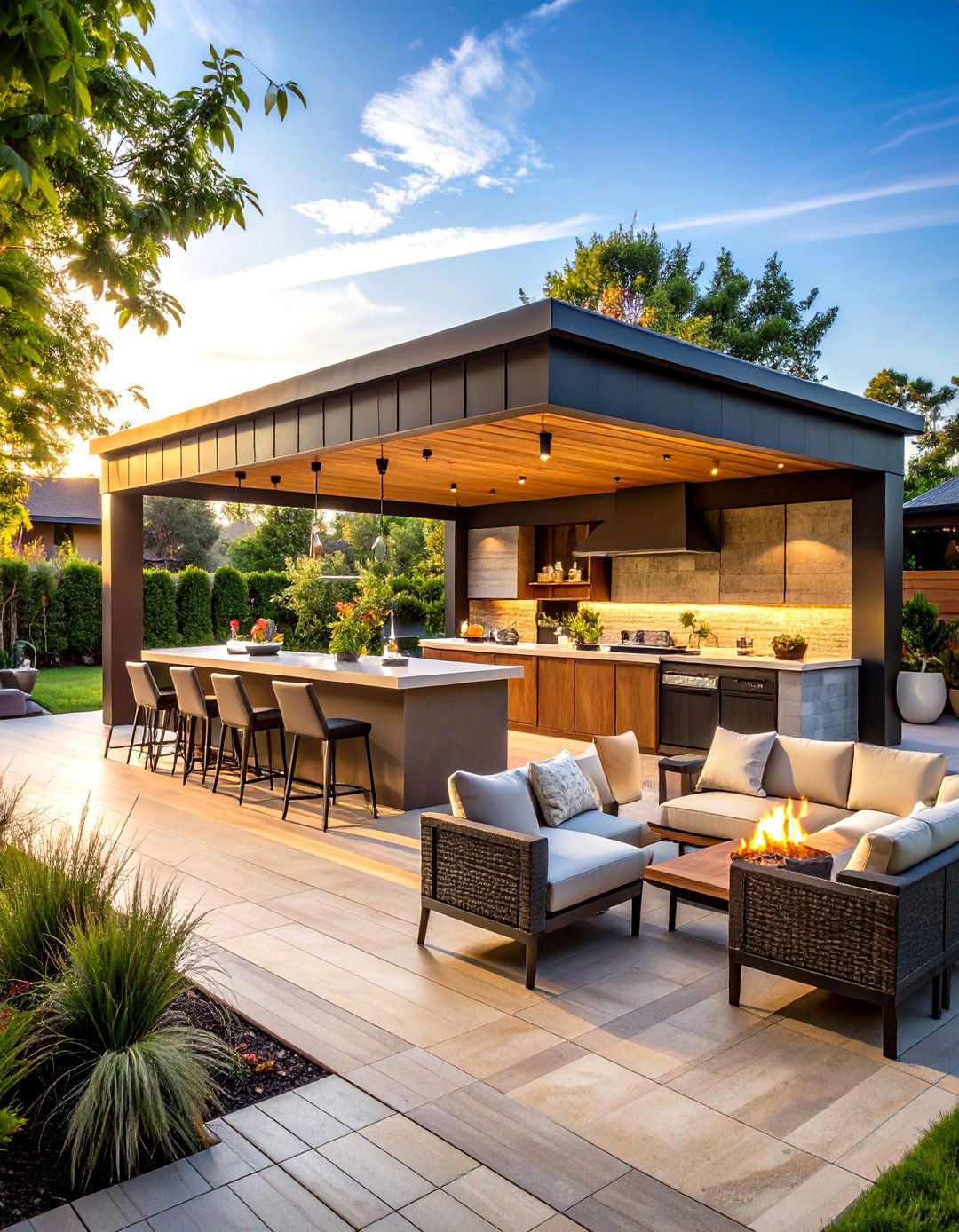 Outdoor Kitchen with Integrated Bar and Lounge Area - 24 Outdoor Kitchen Designs