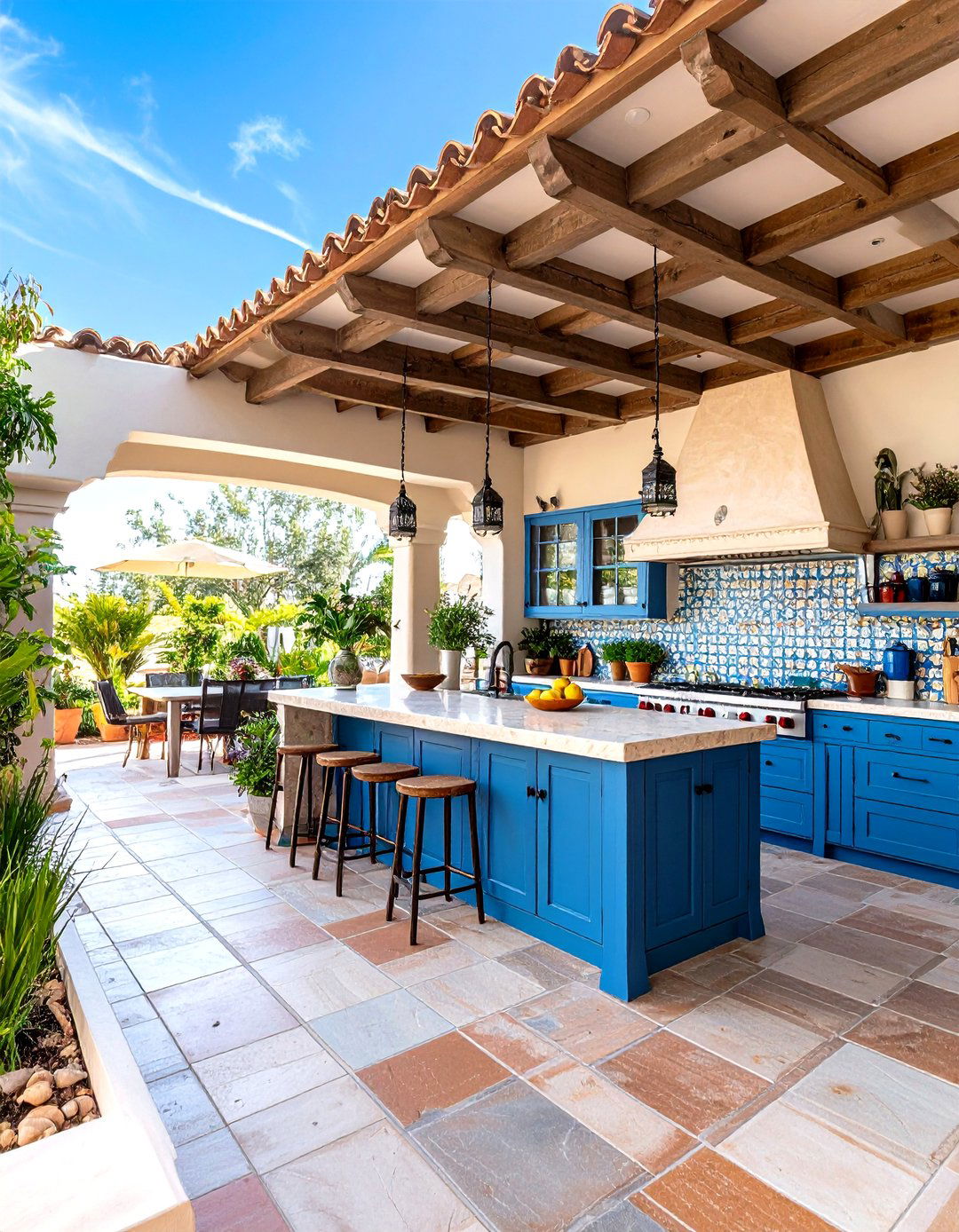 Outdoor Kitchen with Tile Backsplash Design - 24 spanish bungalow exterior ideas