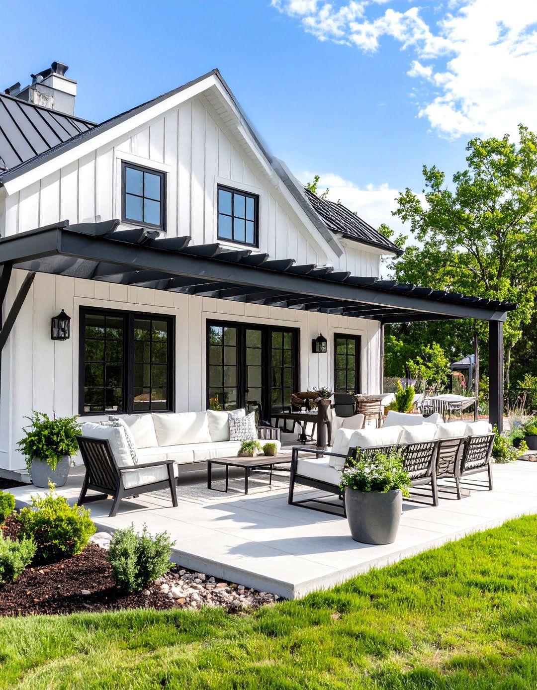 Outdoor Living Space Design - 24 White Farmhouse With Black Windows Ideas