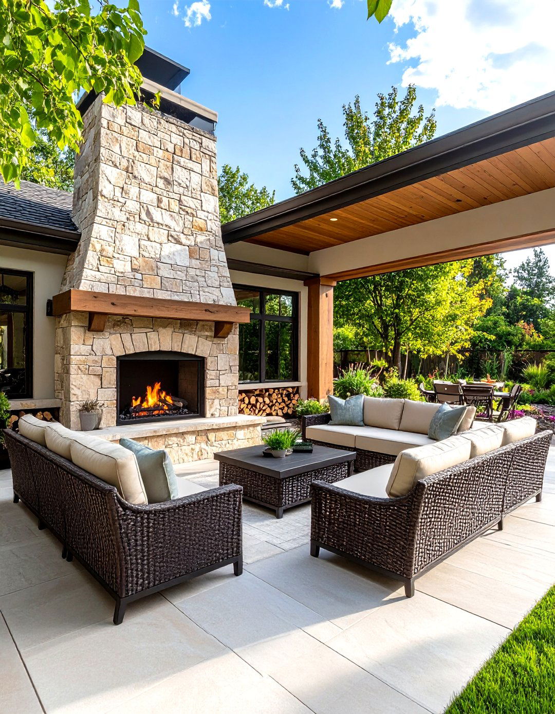 Outdoor Stone Fireplace Living Space - 24 Floor to Ceiling Stone Fireplace Ideas